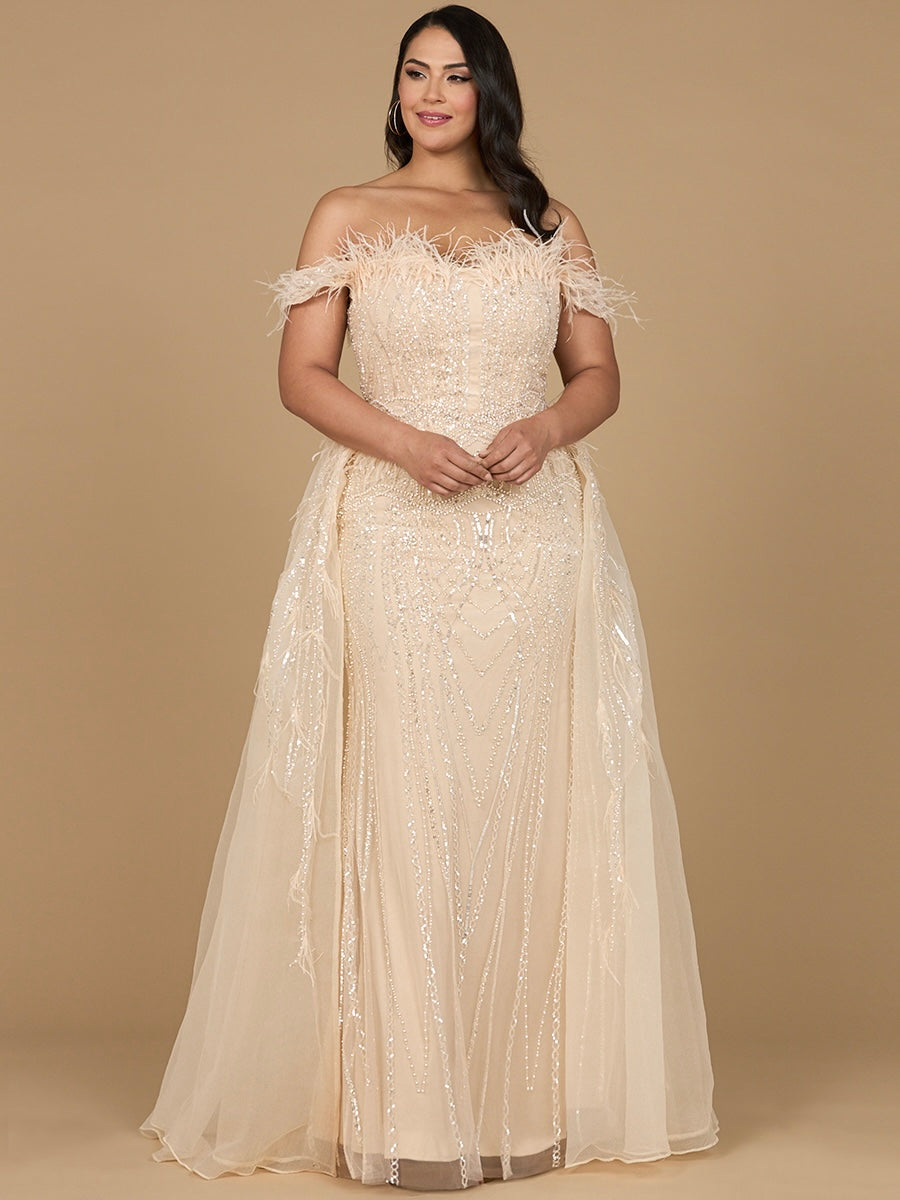Off Shoulder Gown with Feathers