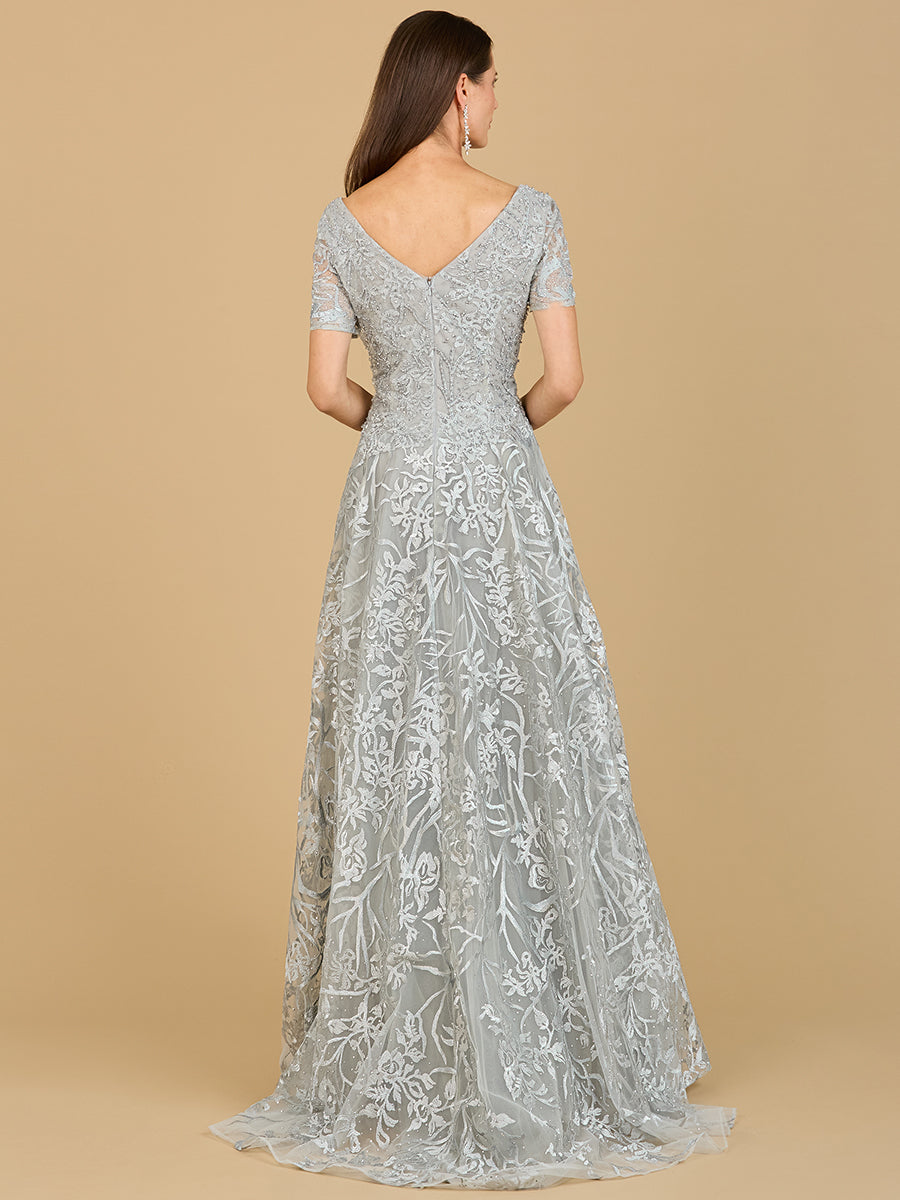 Short Sleeve Lace A-Line Dress with V-Neckline