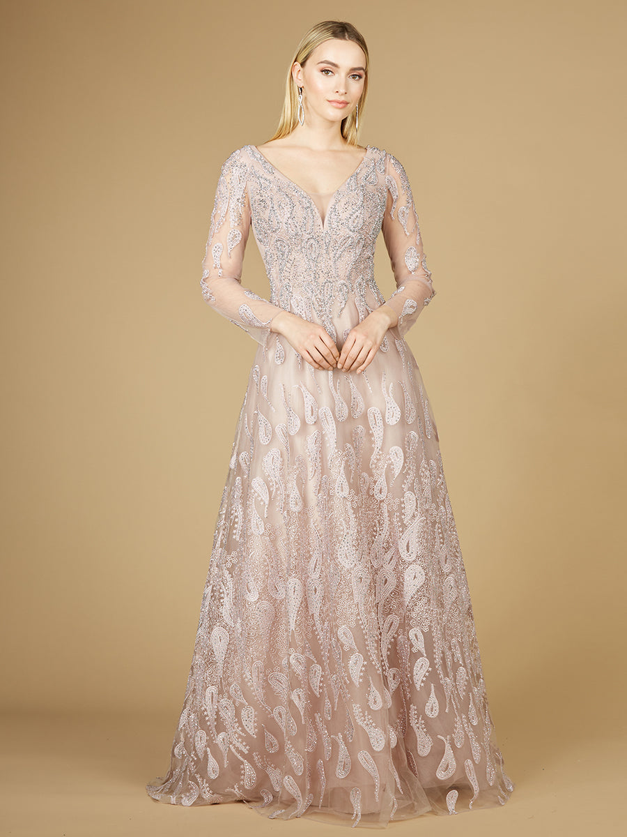 Long Sleeve V-Neck Ballgown  - OUTLET