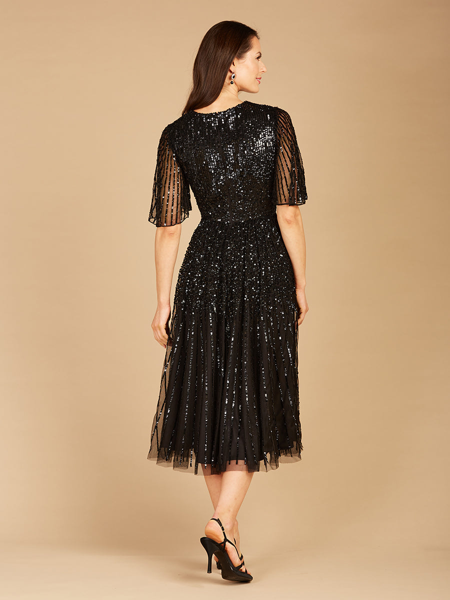 Flowing, Sequin Midi Dress with Short Sleeves