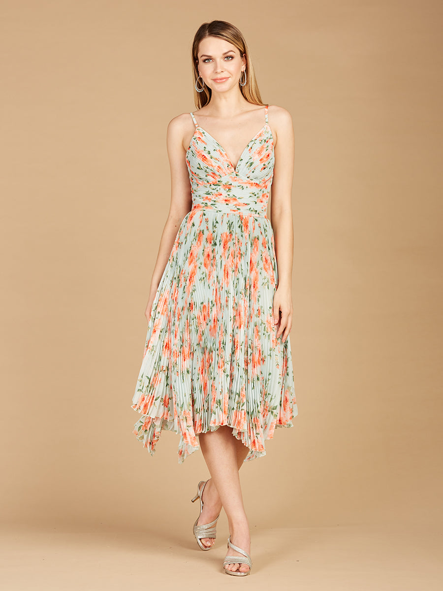 V-Neck Printed Midi Length Dress with Pleats - OUTLET