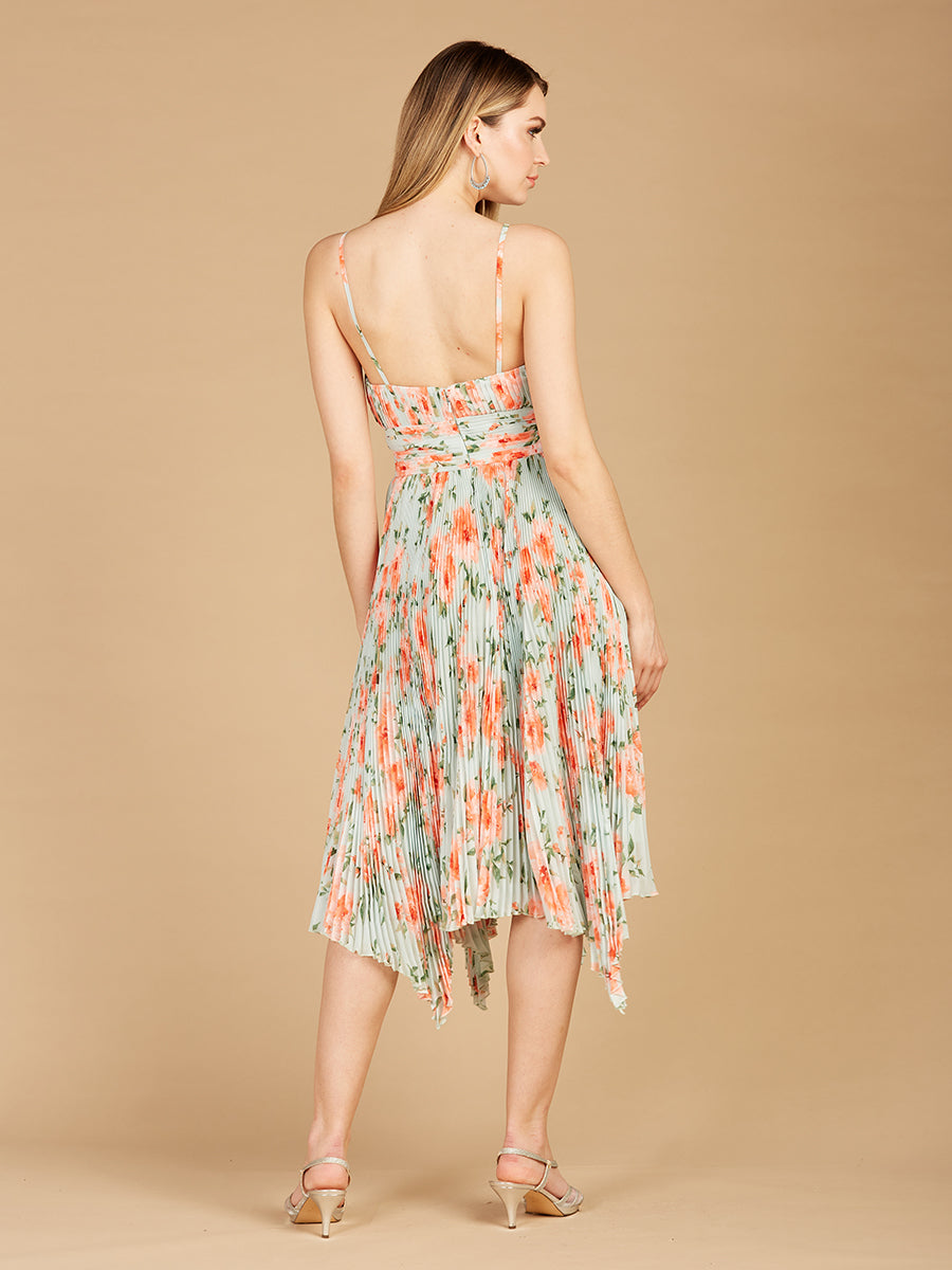 V-Neck Printed Midi Length Dress with Pleats - OUTLET