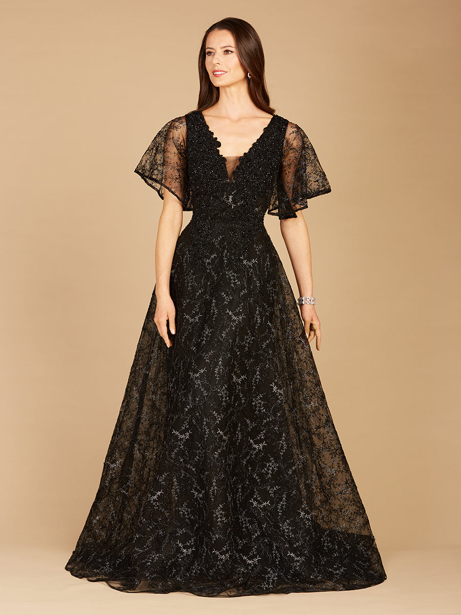Cape Sleeve Beaded Gown in Black  - OUTLET