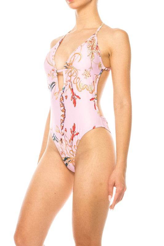 ONE PIECE BATHING SUIT FLORAL PRINT DEEP CUT FRONT