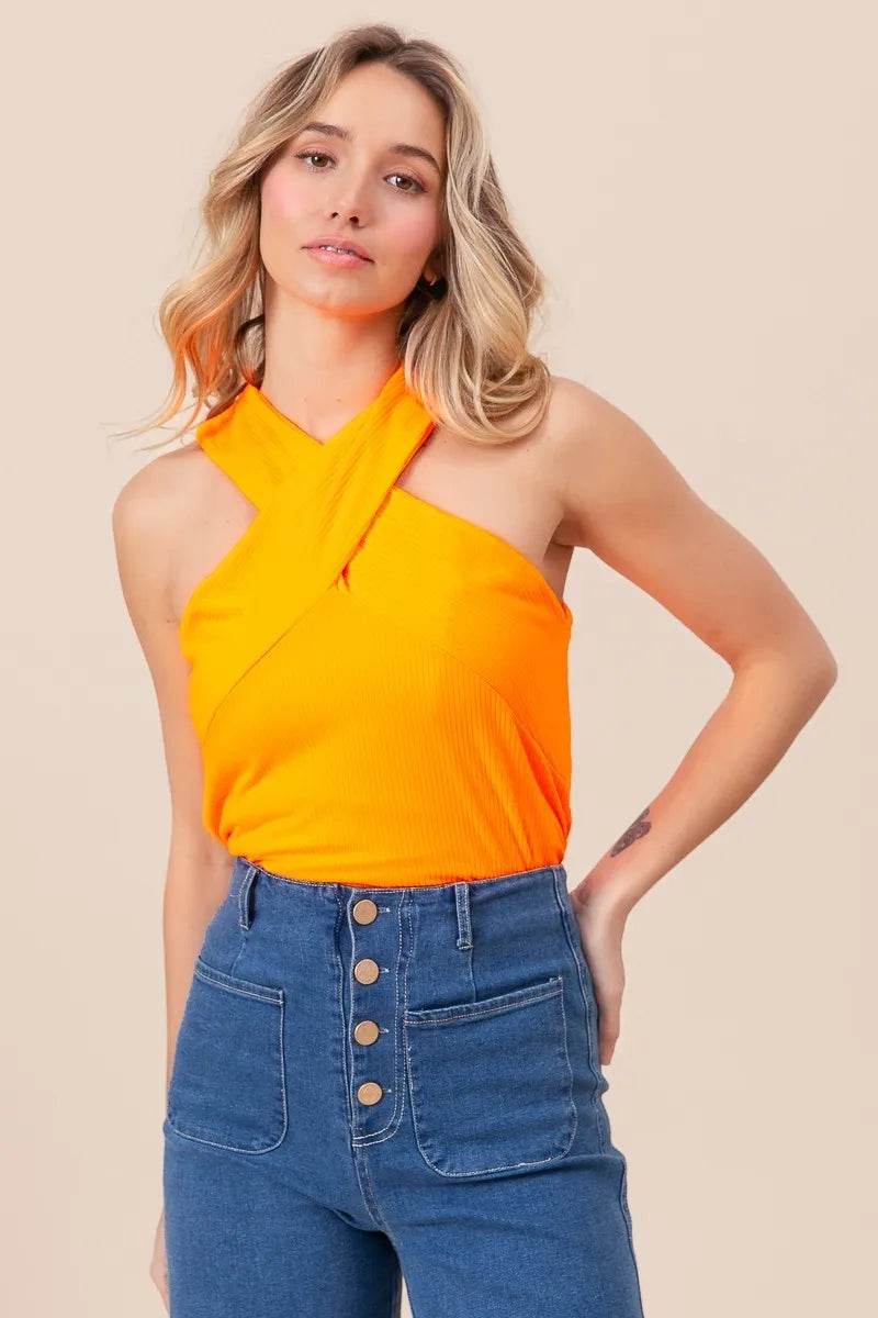 BiBi Rib Knit Cross Neck Banded Top