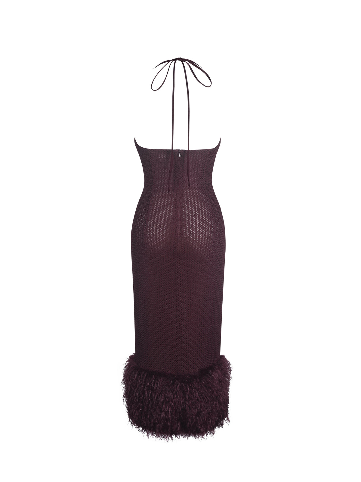 Pluma Maroon Halter Faux-Fur Trimmed Midi Dress