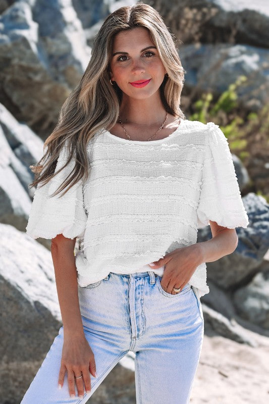 Luella Frilled Lace Trim Bubble Sleeve Blouse