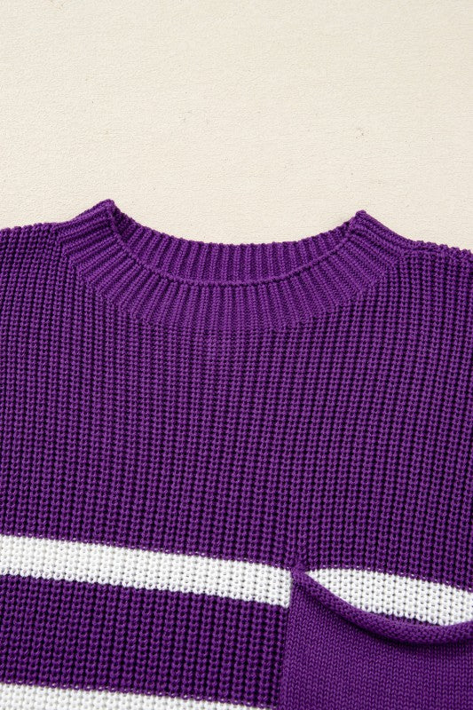 Stripe Patch Pocket Short Sleeve Knit Sweater