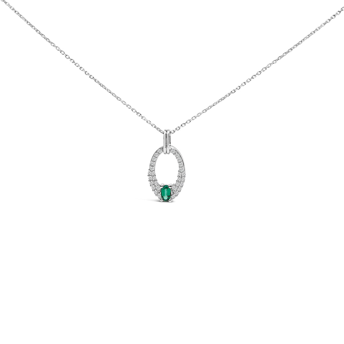 .925 Sterling Silver Created Green Emerald and White Sapphire Oval Shaped Pendant Necklace - 18" Inches