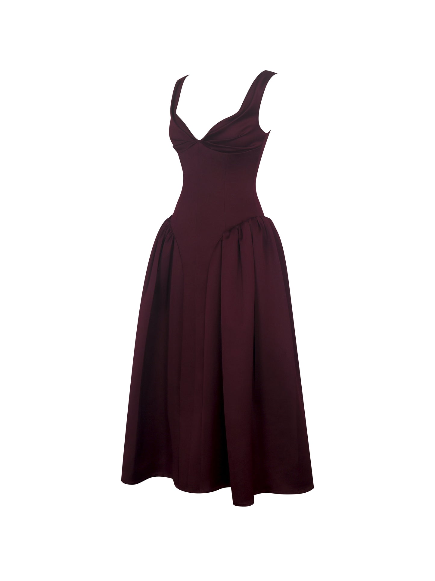 Omella Burgundy Ruched Bust Sweetheart Flared Midi Dress
