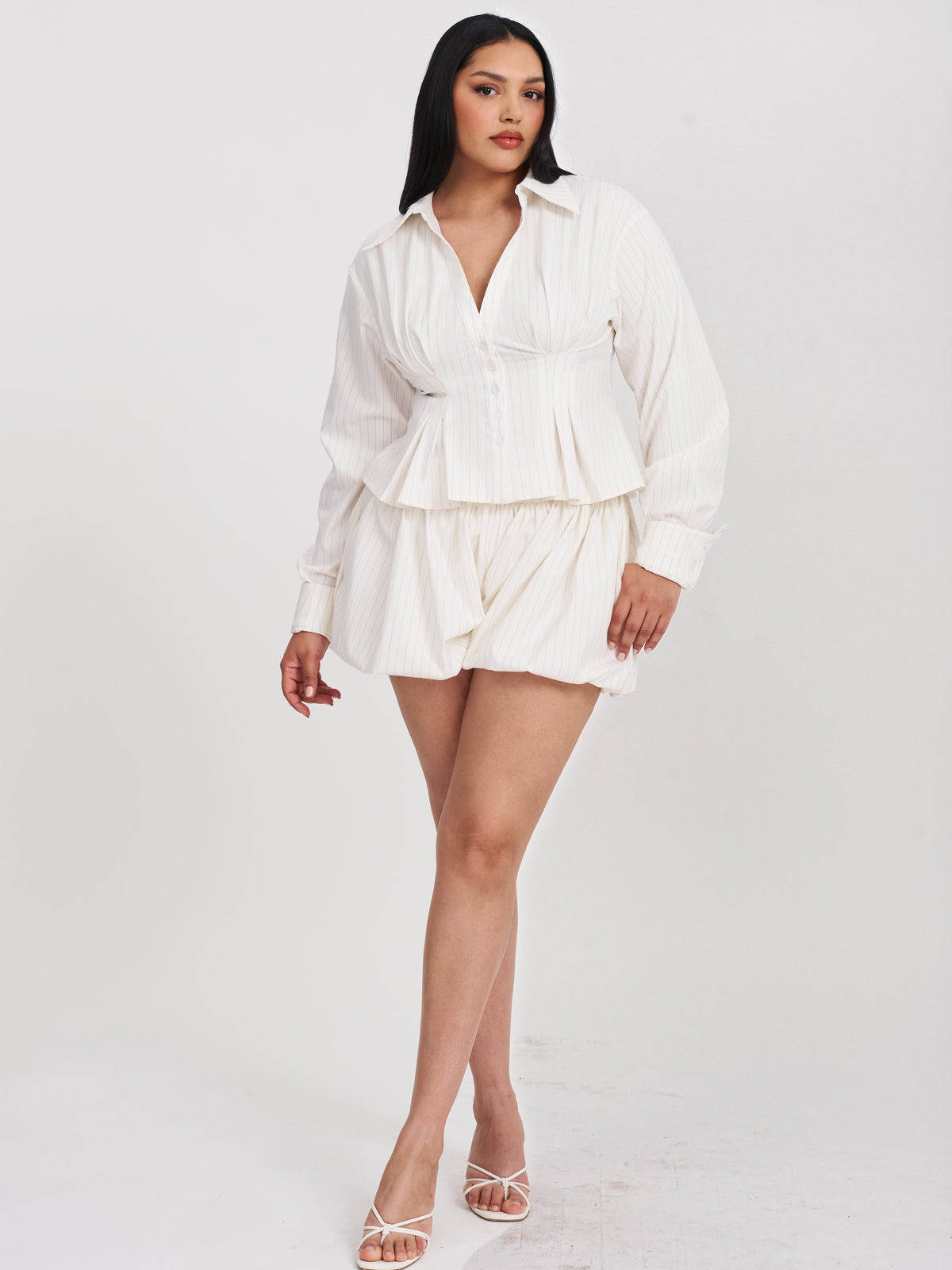 Sylvia White Pinstripe Deep V Pleated Shirt