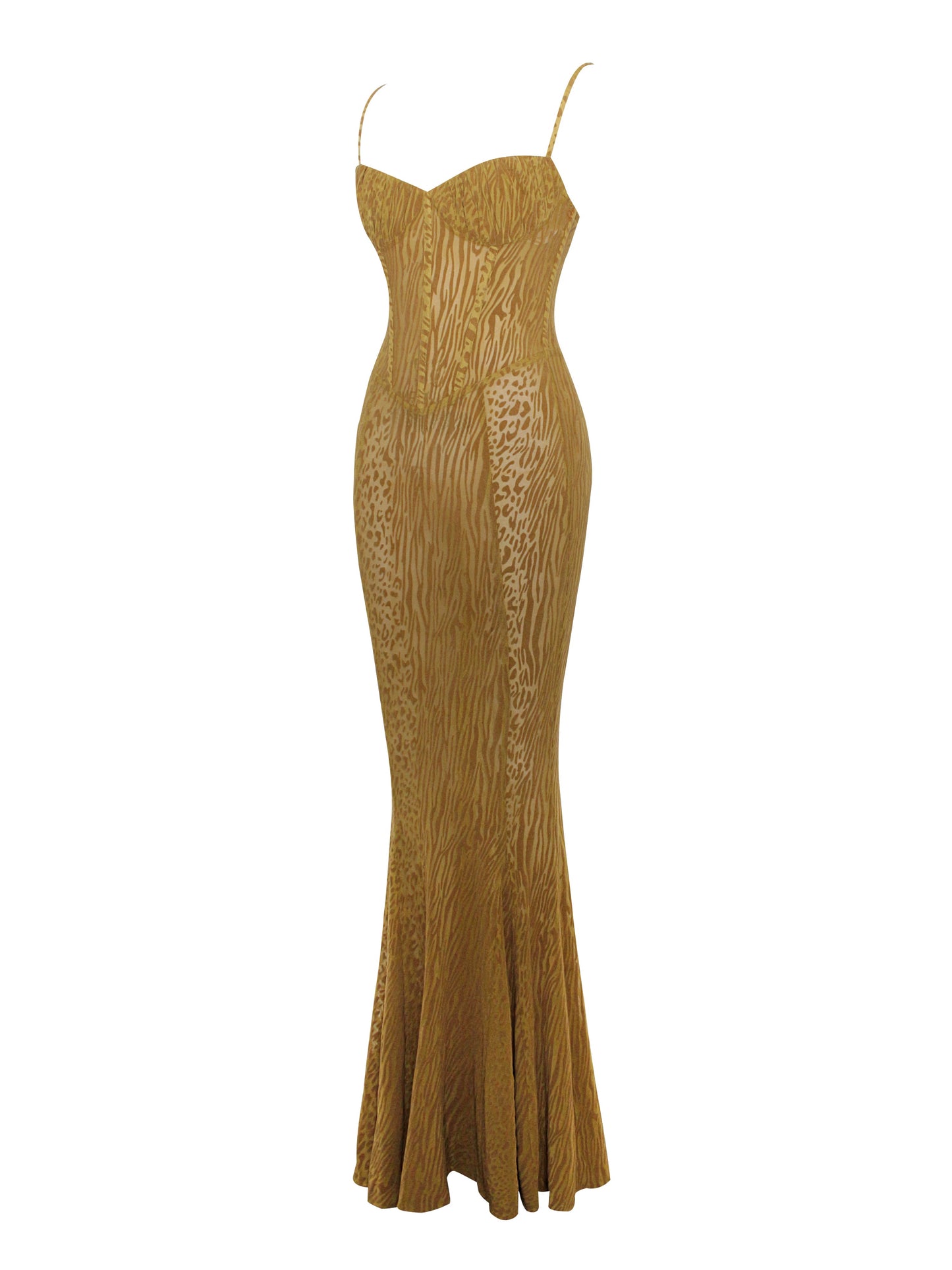 Ulani Gold Burnout Velvet Detail Mesh Maxi Dress