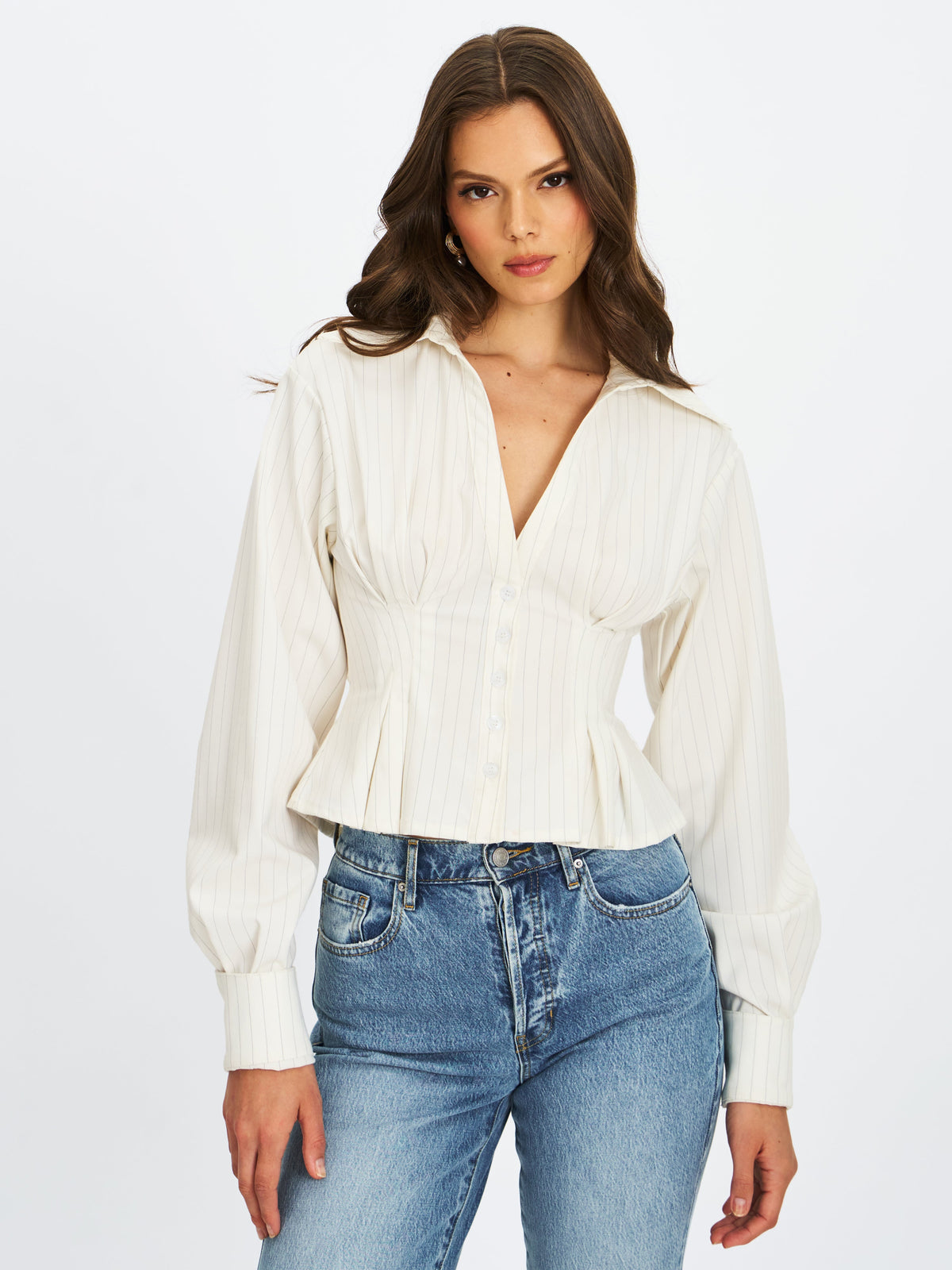 Sylvia White Pinstripe Deep V Pleated Shirt