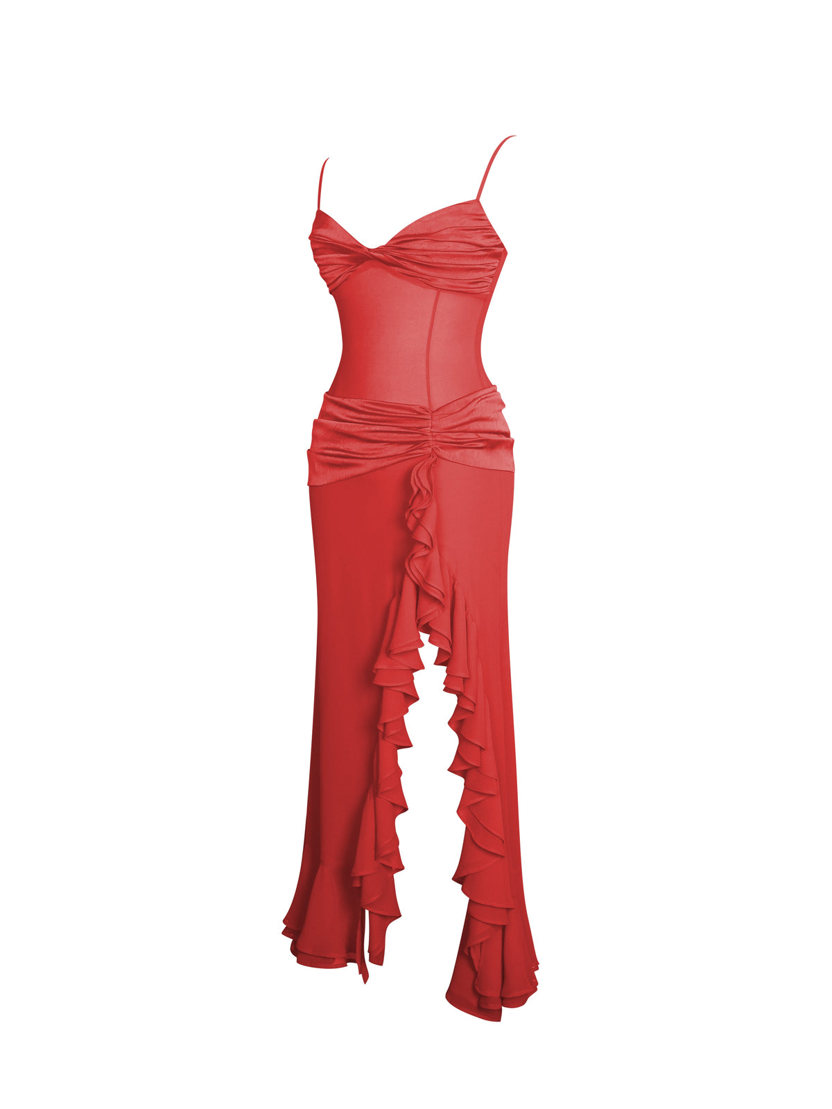 Dahlina Red Ruched Waist High Slit Midi Dress