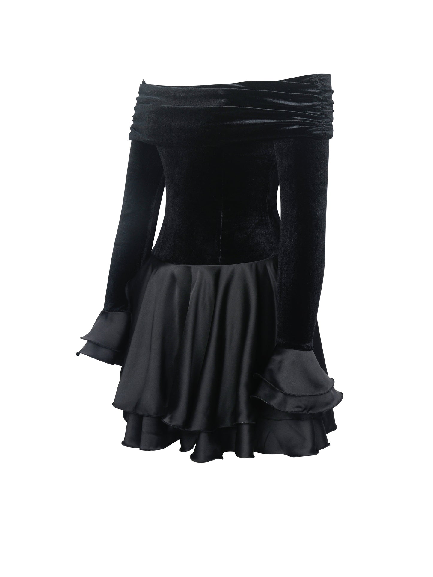 Magnolia Black Off-Shoulder Layered Satin Mini Dress