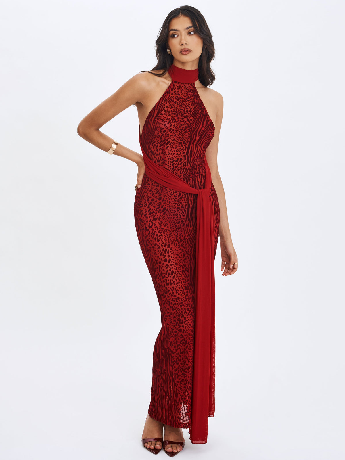 Cerise Scarlet Burnout Velvet Multiwear Mesh Ribbon Maxi Dress