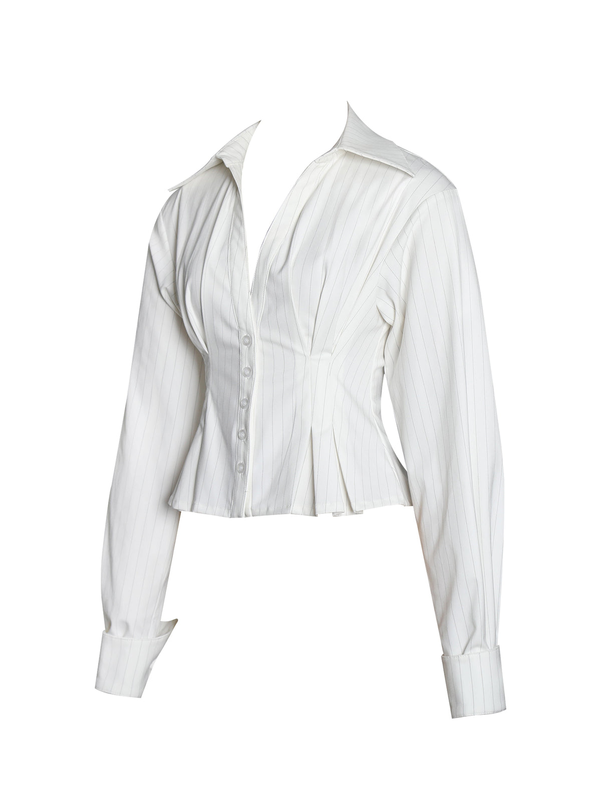 Sylvia White Pinstripe Deep V Pleated Shirt