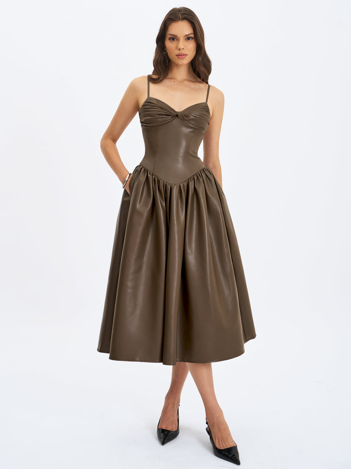 Parisia Cocoa Vegan Leather Drop Waist Midi Dress