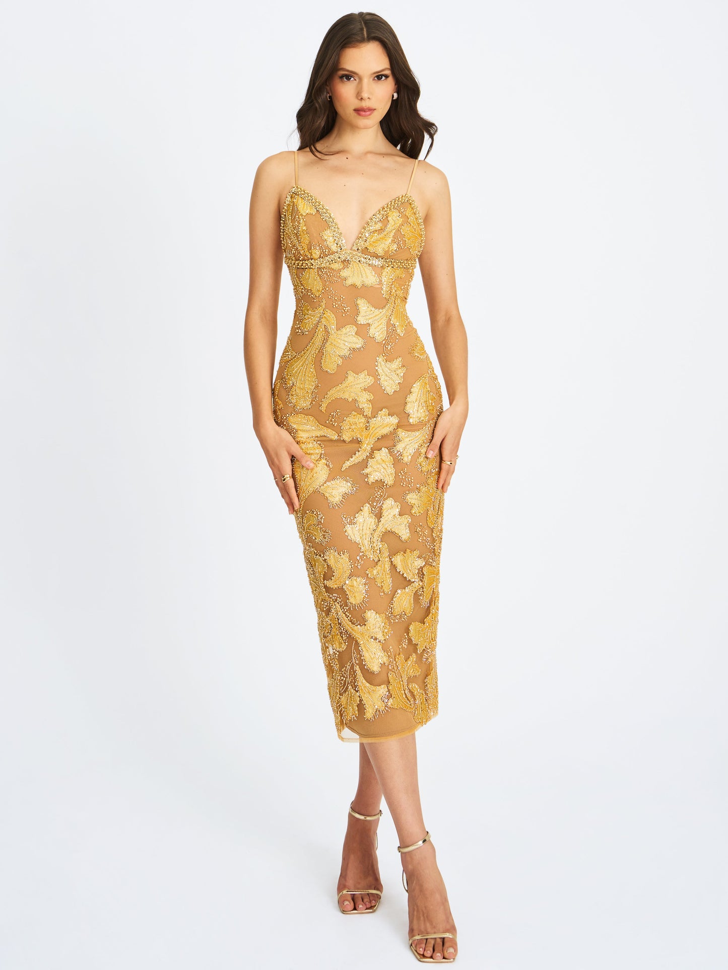 Edie Gold Beaded Sequin Midi Pencil Dress