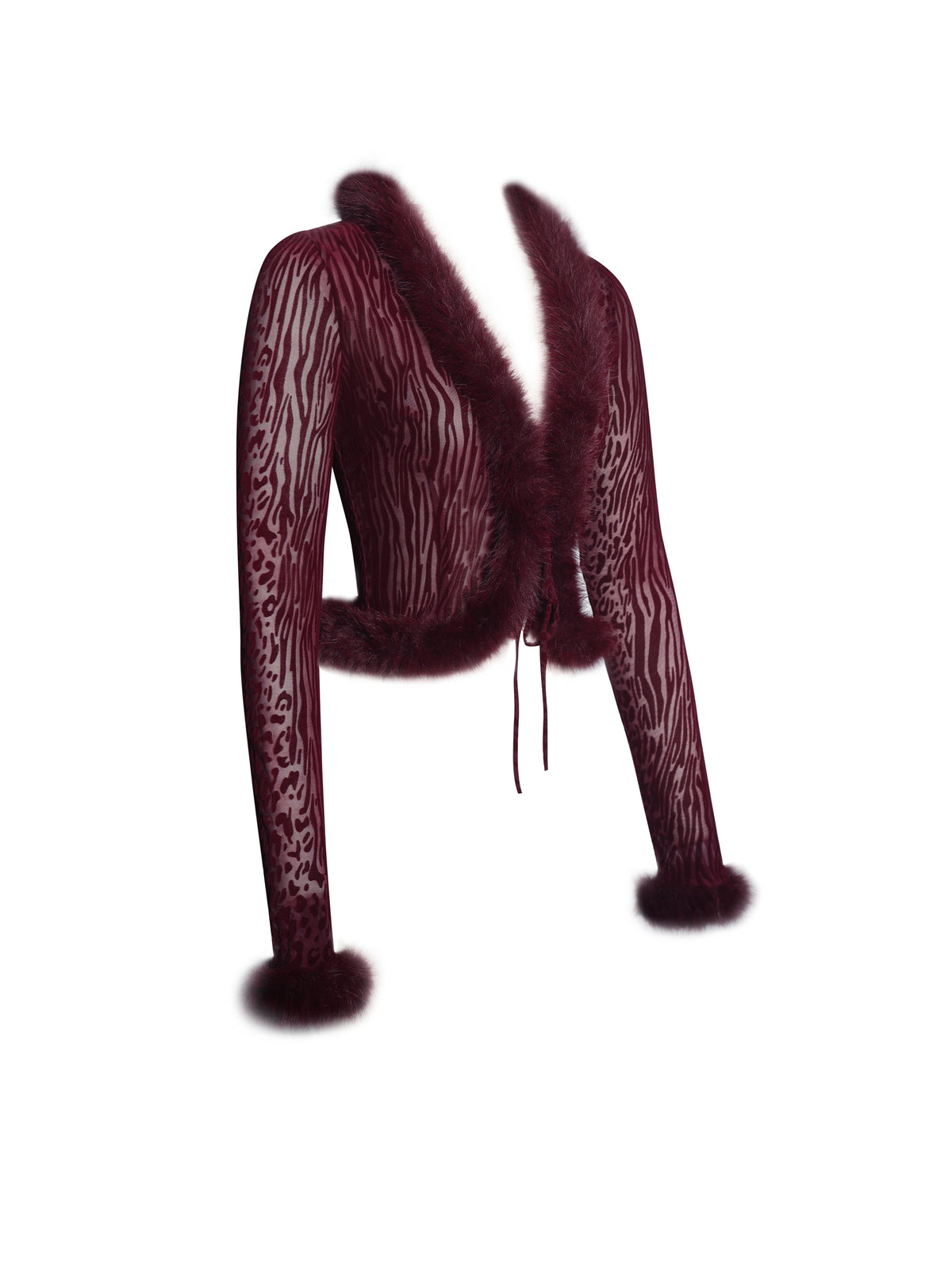 Hali Burgundy Animal Print Burnout Velvet Fur Trim Top