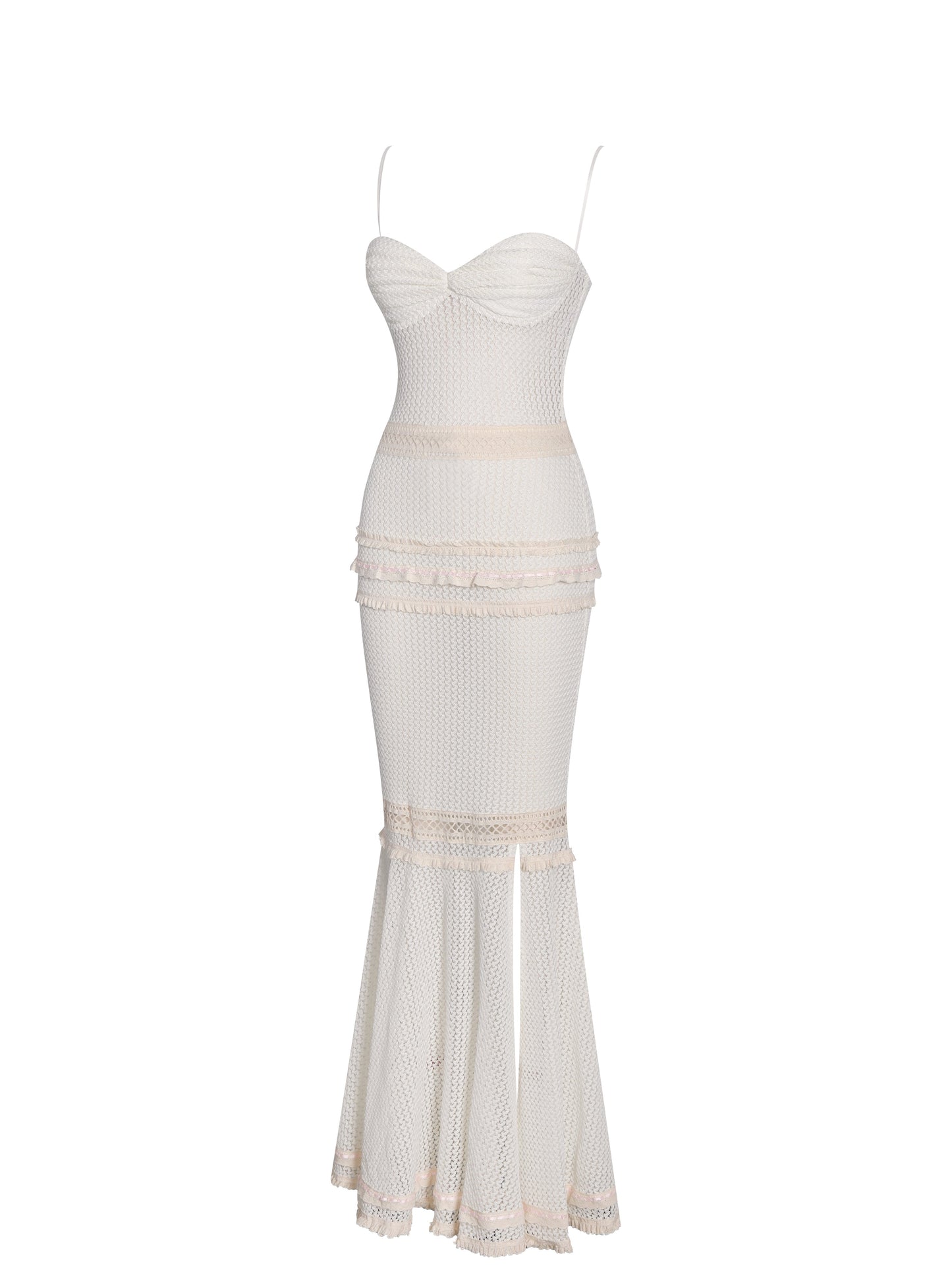 Pallas Beige Lace Trim Crochet Mermaid Maxi Dress