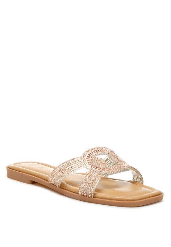 Minople Rhinestones Embellished Flat Sandals