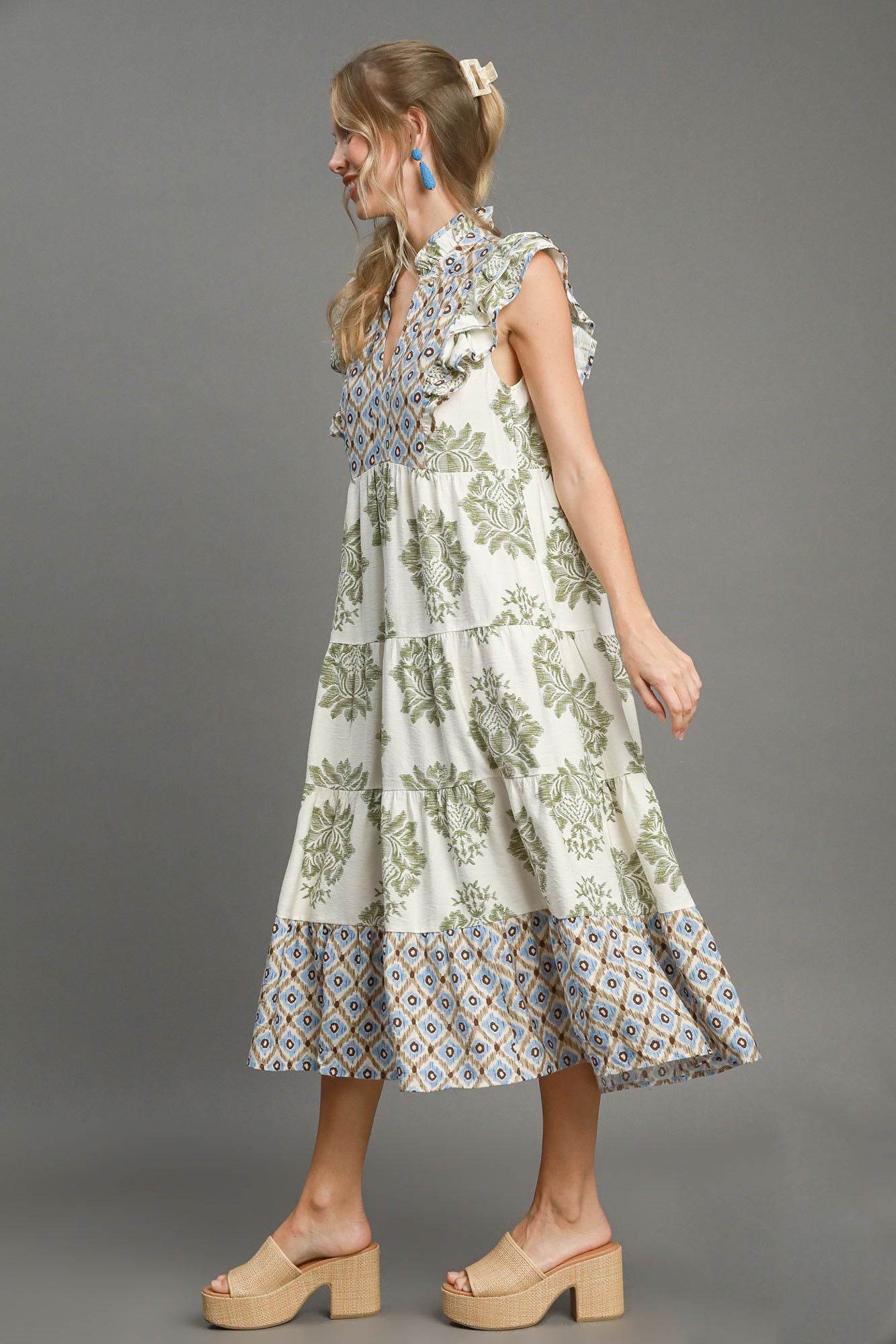 Umgee Full Size Mixed Print Ruffle Cap Sleeve Midi Dress Plus Size