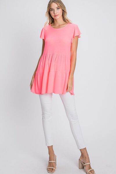 Heimish Full Size Tiered Round Neck Ruffle Sleeve Top Plus Size