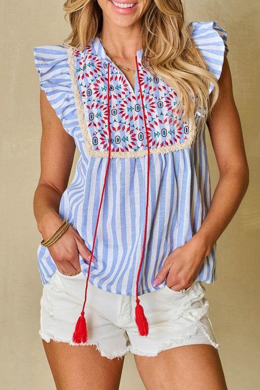 Ariya Stripe Geo Pattern Embroidered Tassel Flutte