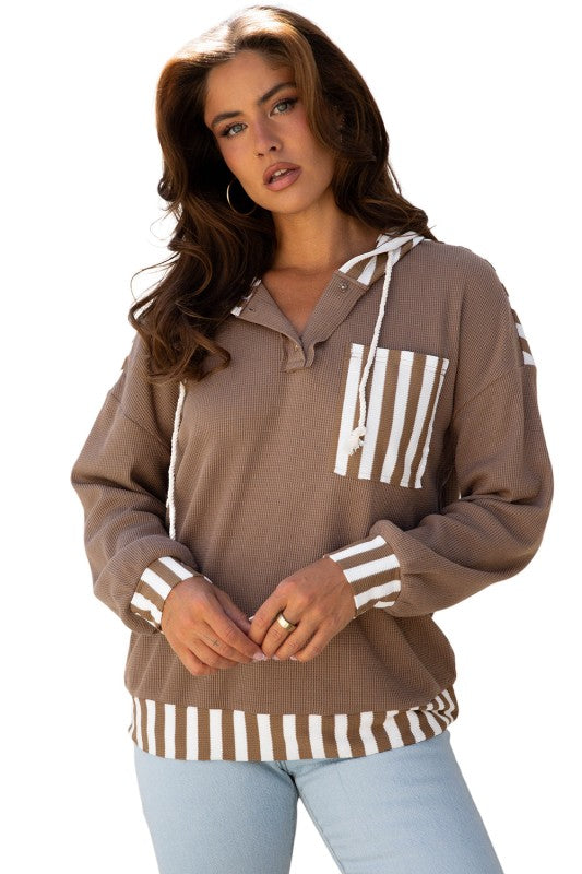 Stripe Patchwork Waffle Knit Buttoned Hoodie