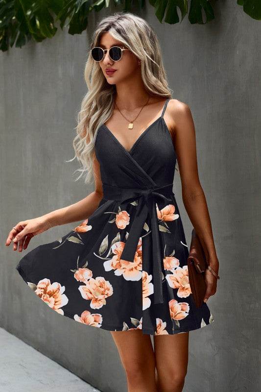 Floral V Neck Spaghetti Strap Belted Cami Dress