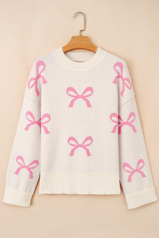 Bow Ribbed Trim Reverse Seam Drop Shoulder Sweater