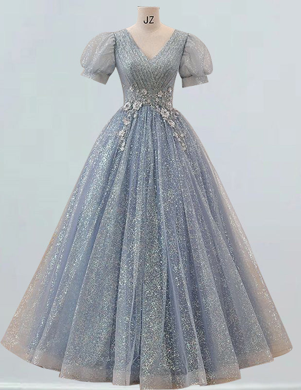 Women's Elegant Lace V-Neck Evening Gown with Sleeves | Princess Prom & Bridesmaid Dress