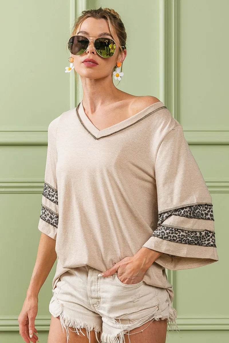 BiBi Triblend Knit Top with Leopard Band Detail