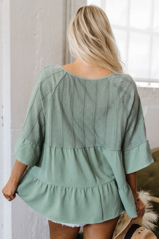 Ensley Tie Split Neck Textured Ruffle Patchwork Bl