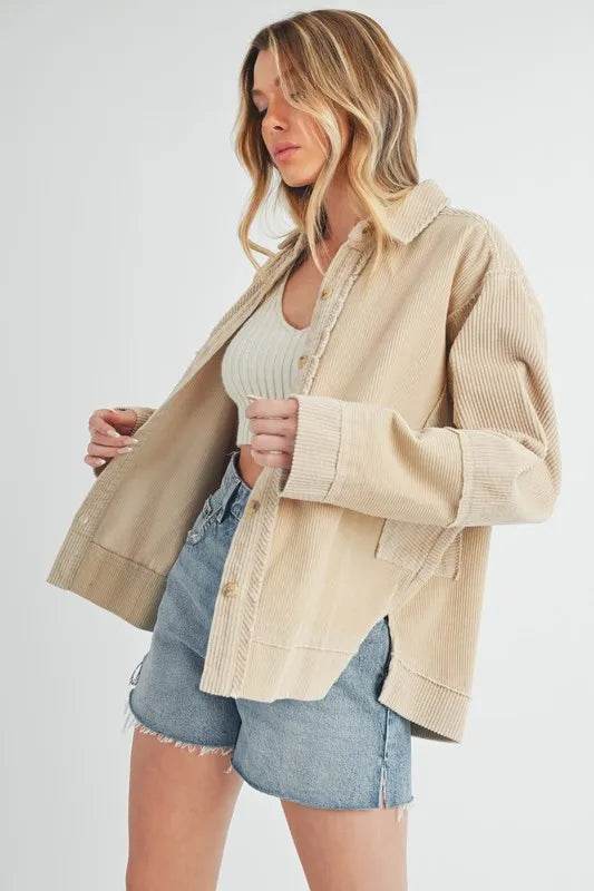 Aemi + Co Side Slit Exposed Seam Button Up Corduroy Jacket