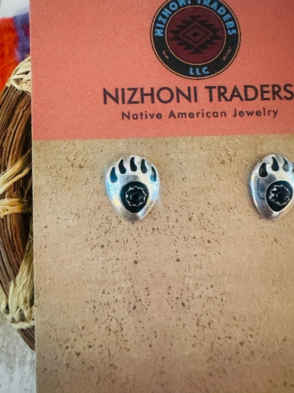 Navajo Onyx & Sterling Silver Bear Paw Stud Earrin