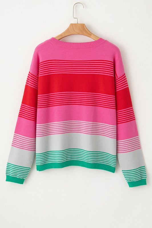 Striped Knit Patch Pocket Drop Shoulder Sweater