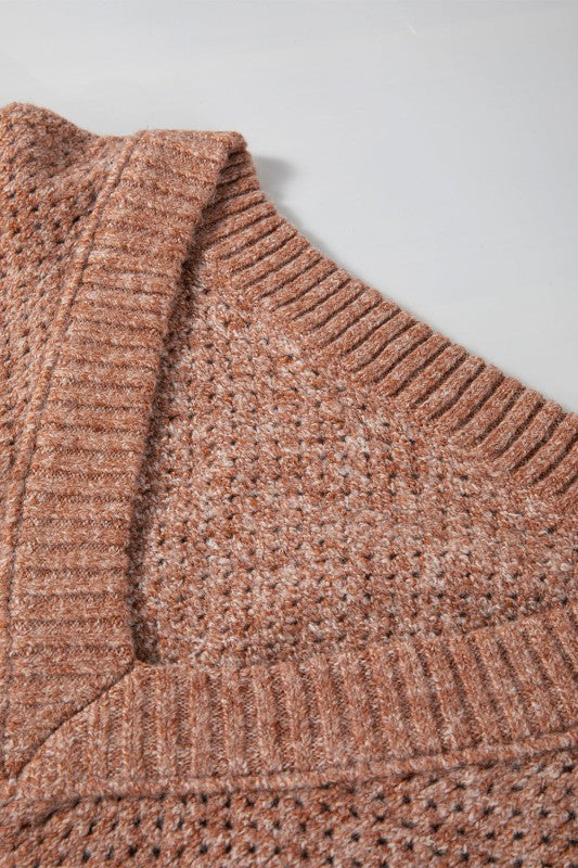 Solid Eyelet V-Neck Drop Shoulder Sweater