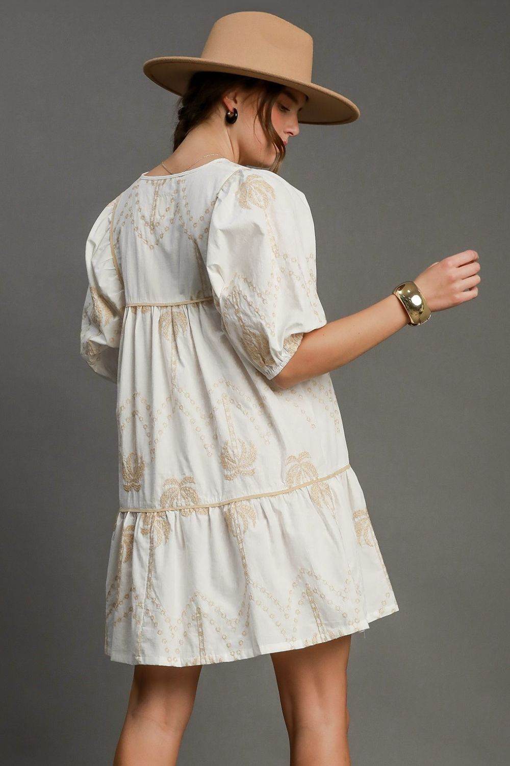 Umgee Full Size Embroidered Puff Sleeve Babydoll Dress Plus Size