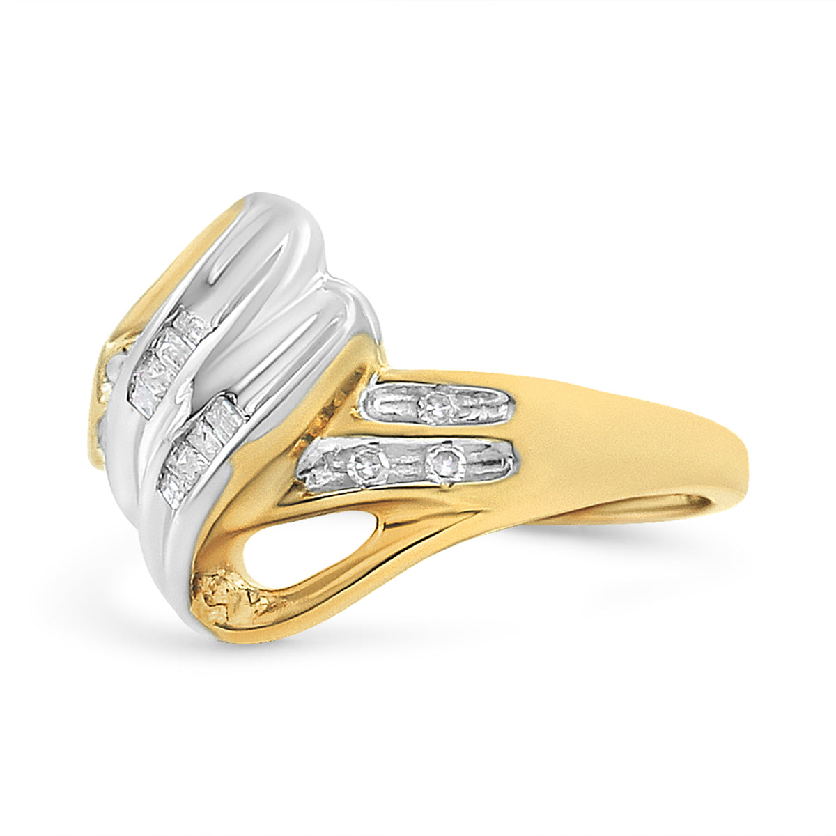 10K Yellow and White Gold 1.00 Cttw Round And Baguette-Cut Diamond Accent Bypass Ring (H-I Color, I2-I3 Clarity) - Ring Size 7