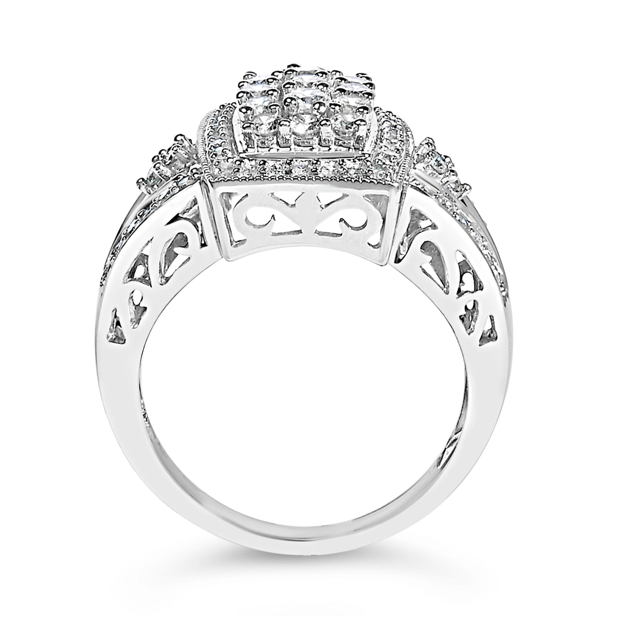 10K White Gold 1.0 Cttw Diamond Rectangular Cushion Shaped Cluster Halo Flared Band Cocktail Fashion Ring (H-I Color, SI2-I1 Clarity) - Size 7