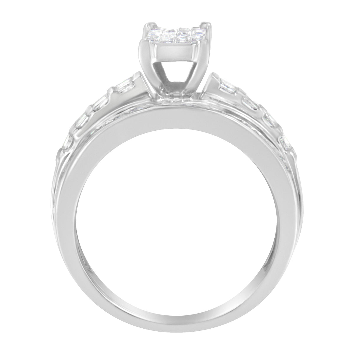 14K White Gold 1.0 Cttw Mixed-Cut Diamond Rectangle Invisible-Set Composite Cluster Ring with Bar- and Channel-Set Band (H-I Color, SI2-I1 Clarity) - Size 7