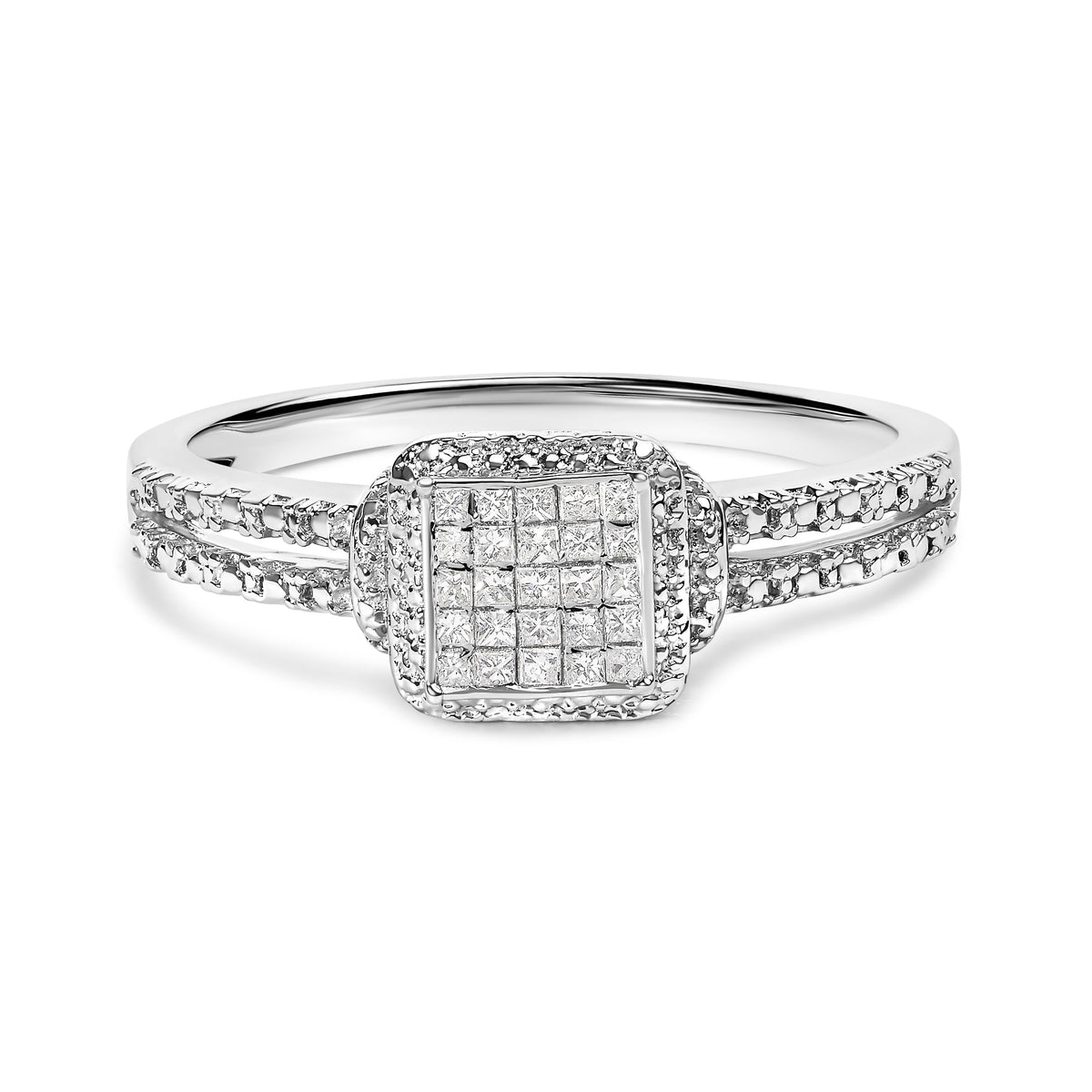 .925 Sterling Silver 1/4 Cttw Princess-cut Diamond Composite Ring with Beaded Halo (H-I Color, SI1-SI2 Clarity) - Size 7
