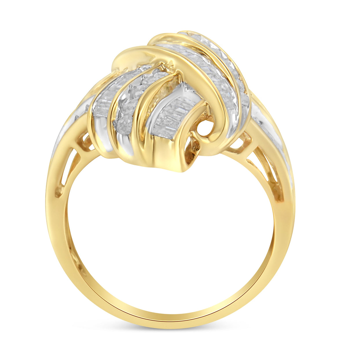 10K Yellow Gold Plated .925 Sterling Silver 1.0 Cttw Round & Baguette Diamond Knot Channel Statement Ring (I-J Color, I2-I3 Clarity) - Size 6