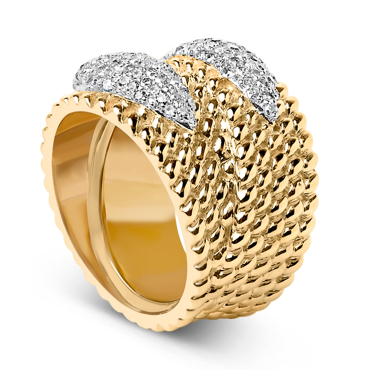 14K Yellow Gold Plated Silver 1.0 Cttw Diamond Cluster Crossover Ring Band