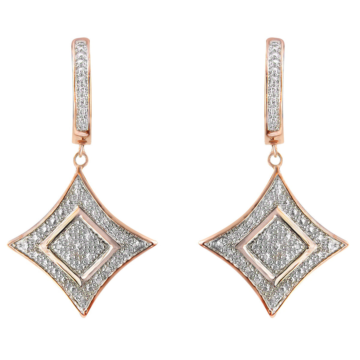 10K Rose Gold Plated Sterling Silver Round Cut Diamond Cushion Dangle Earrings (0.04 cttw, H-I Color, I2-I3 Clarity)