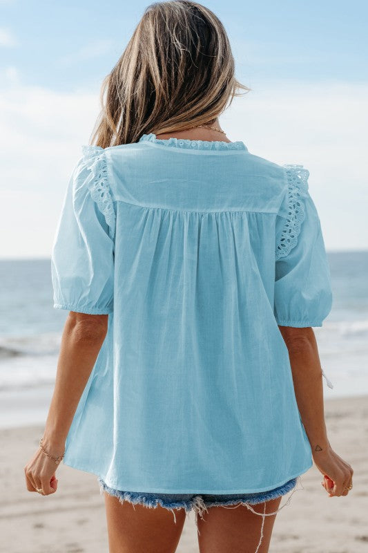Elina Embroidered Lace Patchwork Tie Blouse