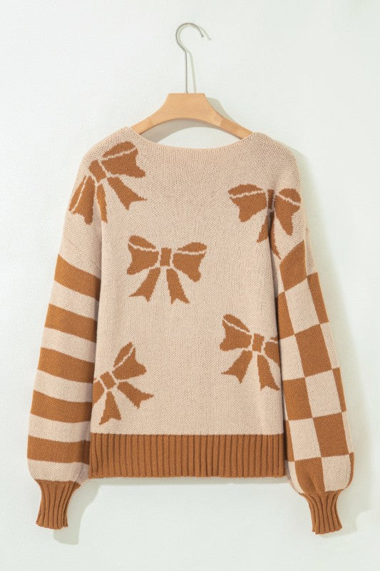 Bow Checker Stripe Patchwork Sleeve Sweater