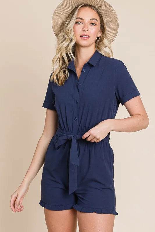 Lime 'N' Chili Collared Button Down Romper with Tie Belt